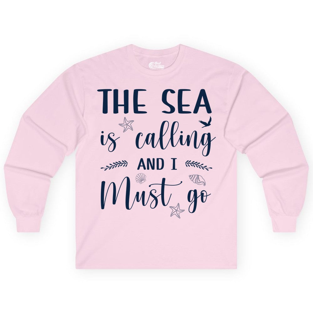 The Sea Is Calling Shirt - Ocean Lover Apparel Beach Vacation Tee (Long Sleeve) in Light Pink - The Sea Is Calling Shirt - Ocean Typography With Shells and Starfish
