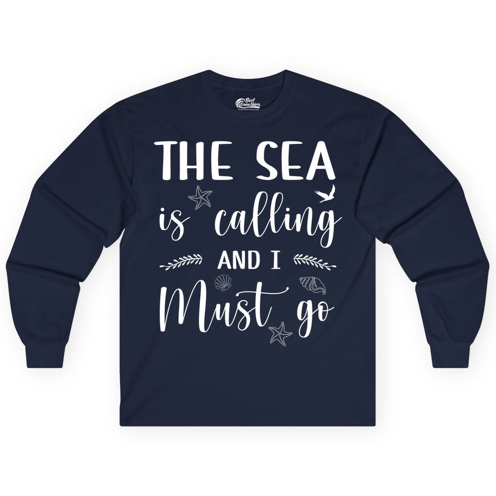 The Sea Is Calling Shirt - Ocean Lover Apparel Beach Vacation Tee (Long Sleeve) in Navy - The Sea Is Calling Shirt - Ocean Typography With Shells and Starfish