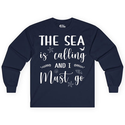 The Sea Is Calling Shirt - Ocean Lover Apparel Beach Vacation Tee (Long Sleeve) in Navy - The Sea Is Calling Shirt - Ocean Typography With Shells and Starfish