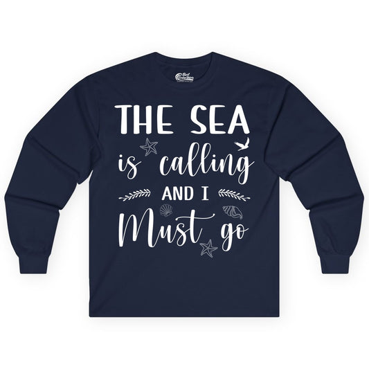 The Sea Is Calling Shirt - Ocean Lover Apparel Beach Vacation Tee (Long Sleeve) in Navy - The Sea Is Calling Shirt - Ocean Typography With Shells and Starfish