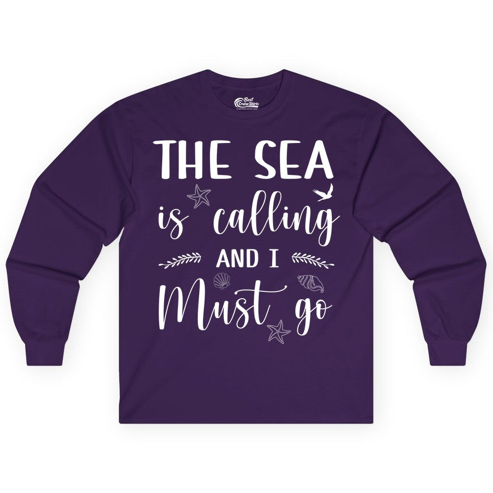 The Sea Is Calling Shirt - Ocean Lover Apparel Beach Vacation Tee (Long Sleeve) in Purple - The Sea Is Calling Shirt - Ocean Typography With Shells and Starfish