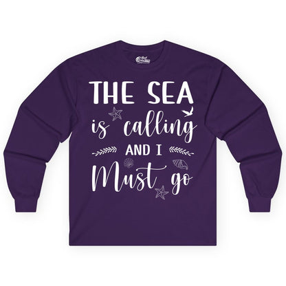 The Sea Is Calling Shirt - Ocean Lover Apparel Beach Vacation Tee (Long Sleeve) in Purple - The Sea Is Calling Shirt - Ocean Typography With Shells and Starfish