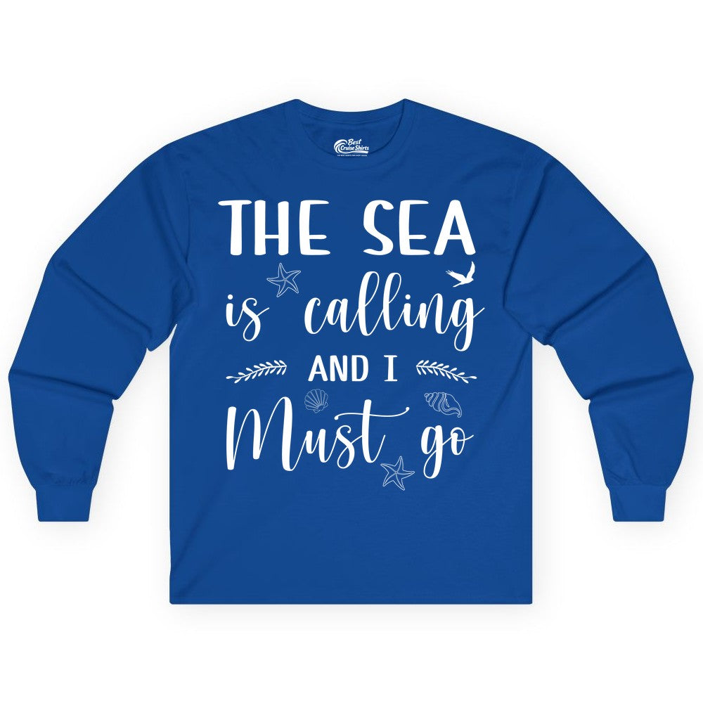 The Sea Is Calling Shirt - Ocean Lover Apparel Beach Vacation Tee (Long Sleeve) in Royal - The Sea Is Calling Shirt - Ocean Typography With Shells and Starfish