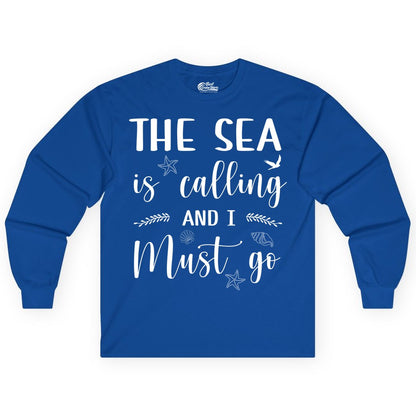 The Sea Is Calling Shirt - Ocean Lover Apparel Beach Vacation Tee (Long Sleeve) in Royal - The Sea Is Calling Shirt - Ocean Typography With Shells and Starfish
