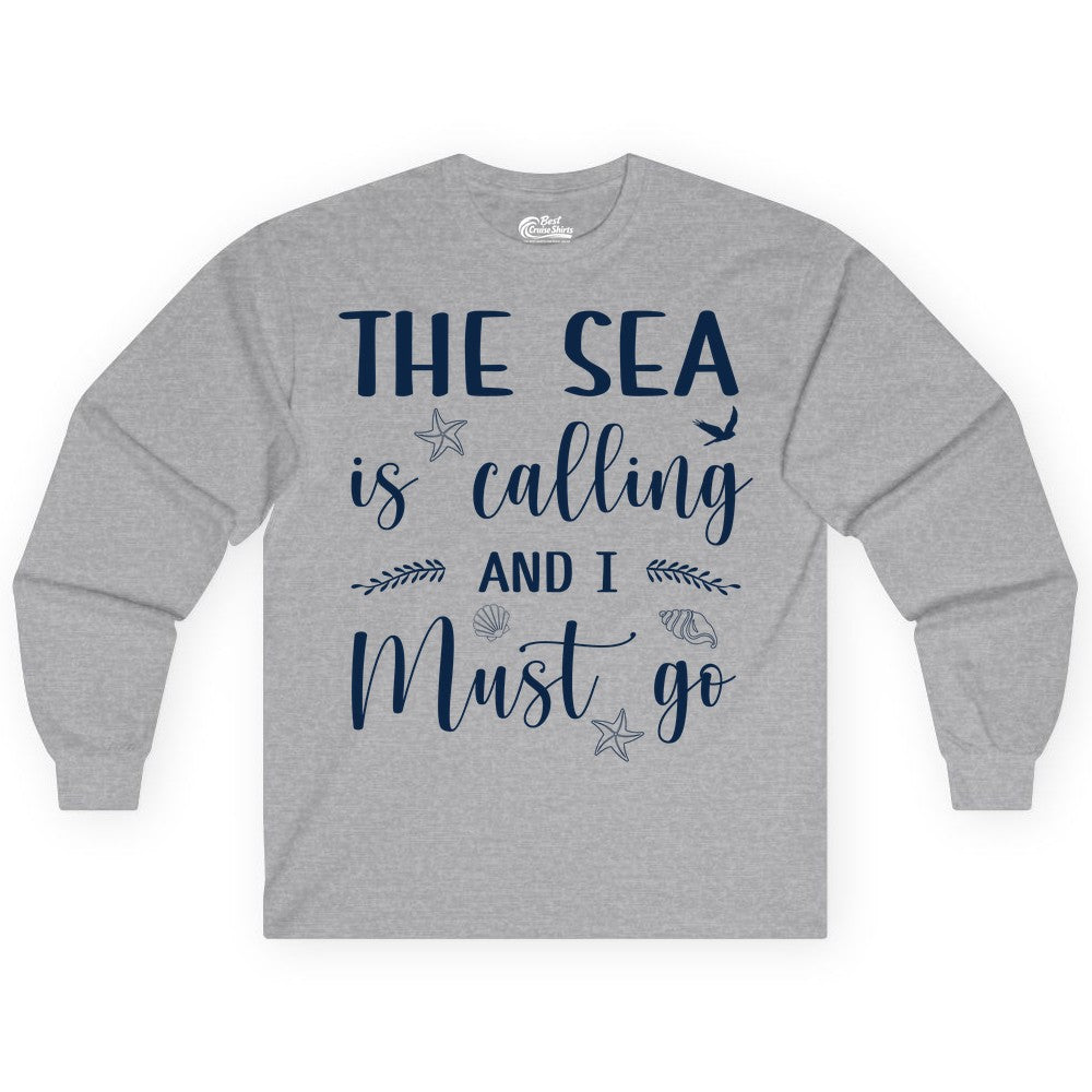 The Sea Is Calling Shirt - Ocean Lover Apparel Beach Vacation Tee (Long Sleeve) in Sport Grey - The Sea Is Calling Shirt - Ocean Typography With Shells and Starfish