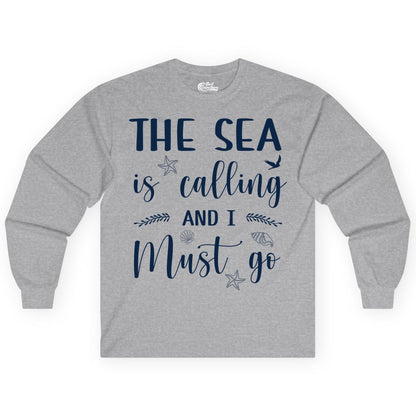 The Sea Is Calling Shirt - Ocean Lover Apparel Beach Vacation Tee (Long Sleeve) in Sport Grey - The Sea Is Calling Shirt - Ocean Typography With Shells and Starfish