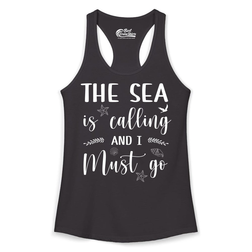 The Sea Is Calling Shirt - Ocean Lover Apparel Beach Vacation Tee (Ladies Tank) in Black - The Sea Is Calling Shirt - Ocean Typography With Shells and Starfish