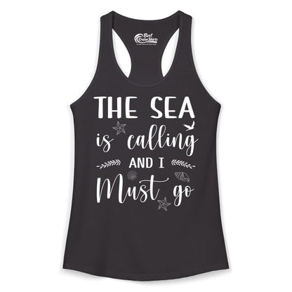The Sea Is Calling Shirt - Ocean Lover Apparel Beach Vacation Tee (Ladies Tank) in Black - The Sea Is Calling Shirt - Ocean Typography With Shells and Starfish