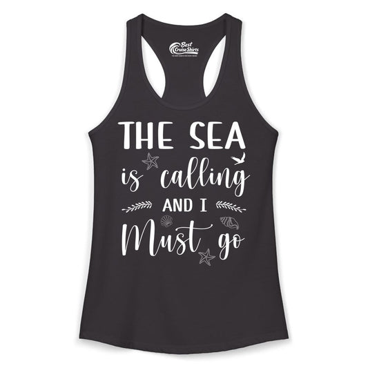 The Sea Is Calling Shirt - Ocean Lover Apparel Beach Vacation Tee (Ladies Tank) in Black - The Sea Is Calling Shirt - Ocean Typography With Shells and Starfish