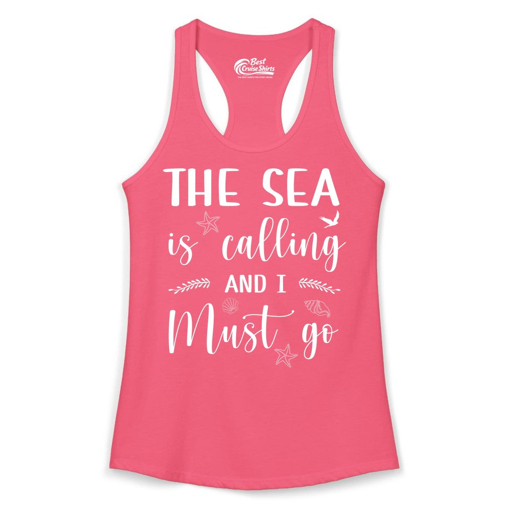 The Sea Is Calling Shirt - Ocean Lover Apparel Beach Vacation Tee (Ladies Tank) in Hot Pink - The Sea Is Calling Shirt - Ocean Typography With Shells and Starfish