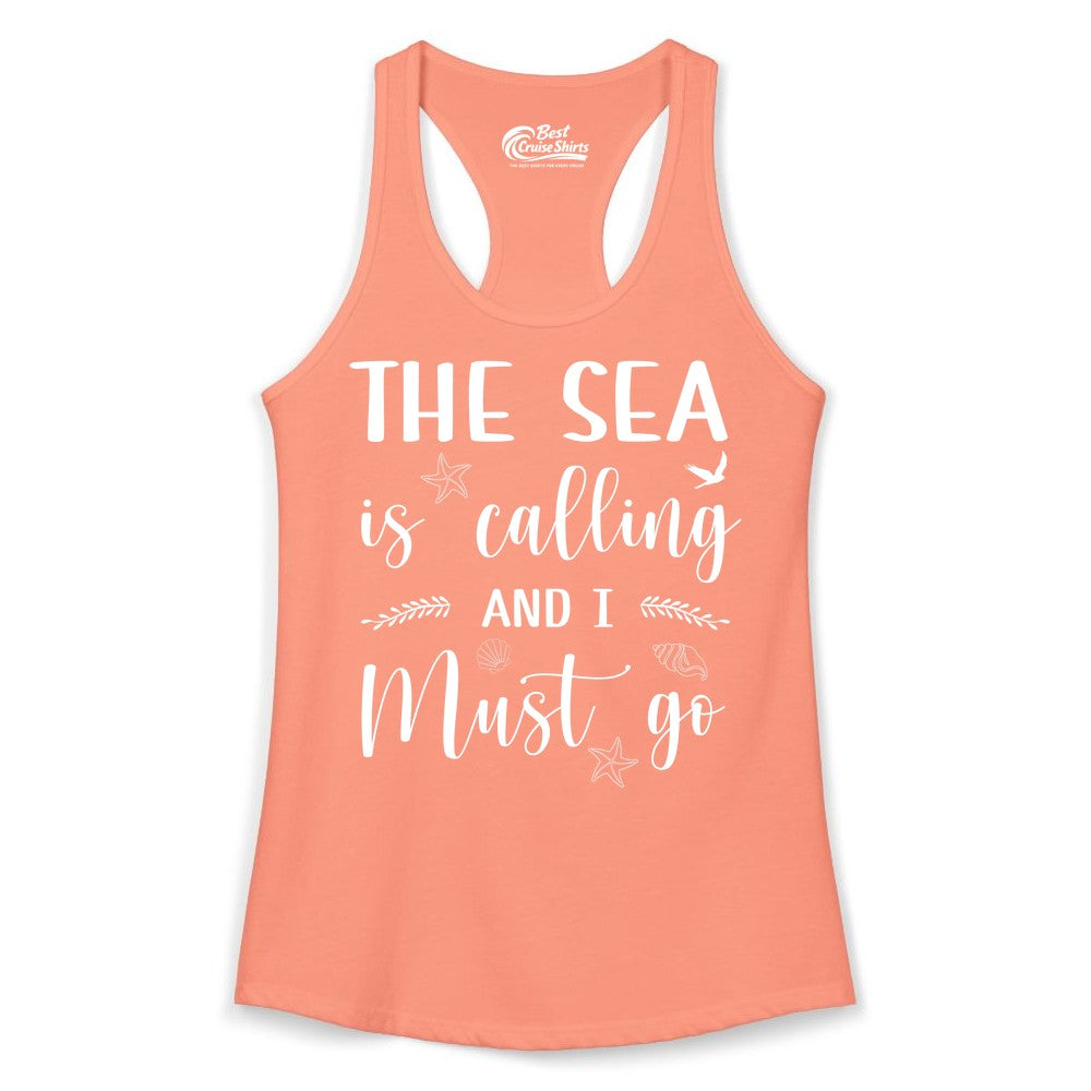 The Sea Is Calling Shirt - Ocean Lover Apparel Beach Vacation Tee (Ladies Tank) in Solid Light Orange - The Sea Is Calling Shirt - Ocean Typography With Shells and Starfish