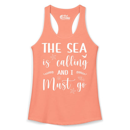 The Sea Is Calling Shirt - Ocean Lover Apparel Beach Vacation Tee (Ladies Tank) in Solid Light Orange - The Sea Is Calling Shirt - Ocean Typography With Shells and Starfish