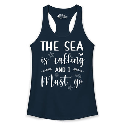 The Sea Is Calling Shirt - Ocean Lover Apparel Beach Vacation Tee (Ladies Tank) in Solid Midnight Navy - The Sea Is Calling Shirt - Ocean Typography With Shells and Starfish