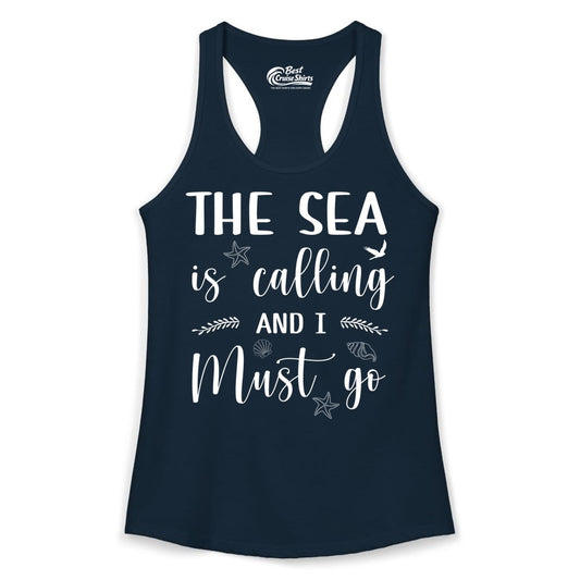 The Sea Is Calling Shirt - Ocean Lover Apparel Beach Vacation Tee (Ladies Tank) in Solid Midnight Navy - The Sea Is Calling Shirt - Ocean Typography With Shells and Starfish