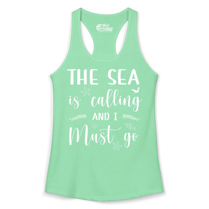 The Sea Is Calling Shirt - Ocean Lover Apparel Beach Vacation Tee (Ladies Tank) in Solid Mint - The Sea Is Calling Shirt - Ocean Typography With Shells and Starfish