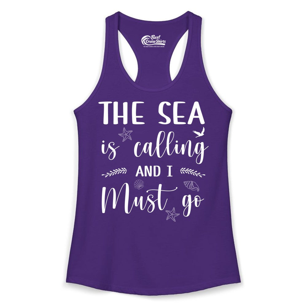 The Sea Is Calling Shirt - Ocean Lover Apparel Beach Vacation Tee (Ladies Tank) in Solid Purple Rush - The Sea Is Calling Shirt - Ocean Typography With Shells and Starfish