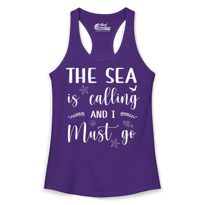 The Sea Is Calling Shirt - Ocean Lover Apparel Beach Vacation Tee (Ladies Tank) in Solid Purple Rush - The Sea Is Calling Shirt - Ocean Typography With Shells and Starfish