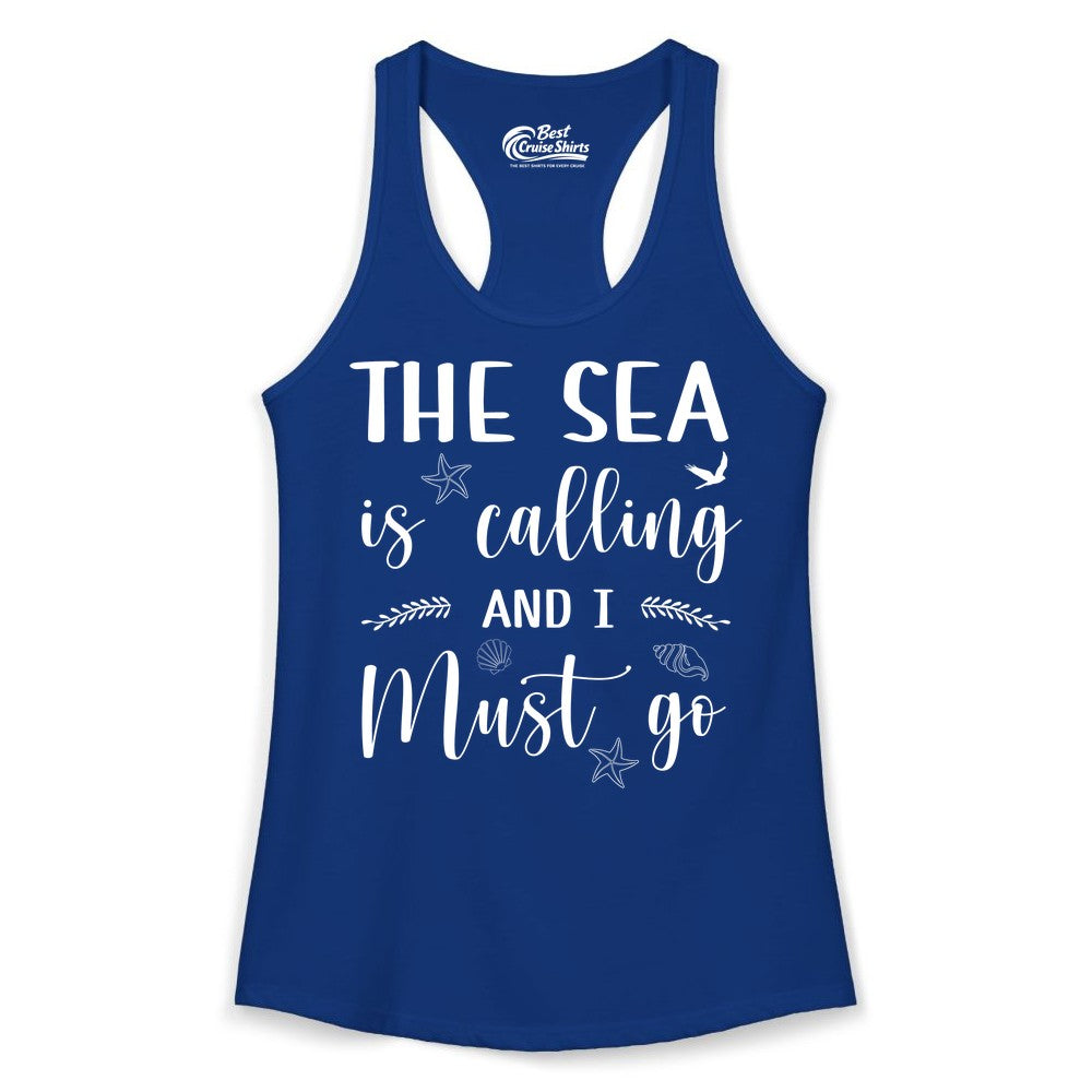 The Sea Is Calling Shirt - Ocean Lover Apparel Beach Vacation Tee (Ladies Tank) in Solid Royal - The Sea Is Calling Shirt - Ocean Typography With Shells and Starfish