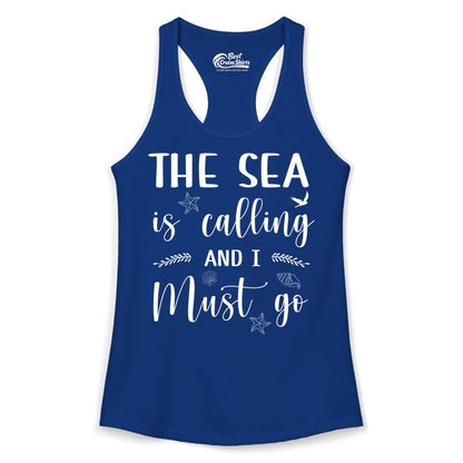 The Sea Is Calling Shirt - Ocean Lover Apparel Beach Vacation Tee (Ladies Tank) in Solid Royal - The Sea Is Calling Shirt - Ocean Typography With Shells and Starfish