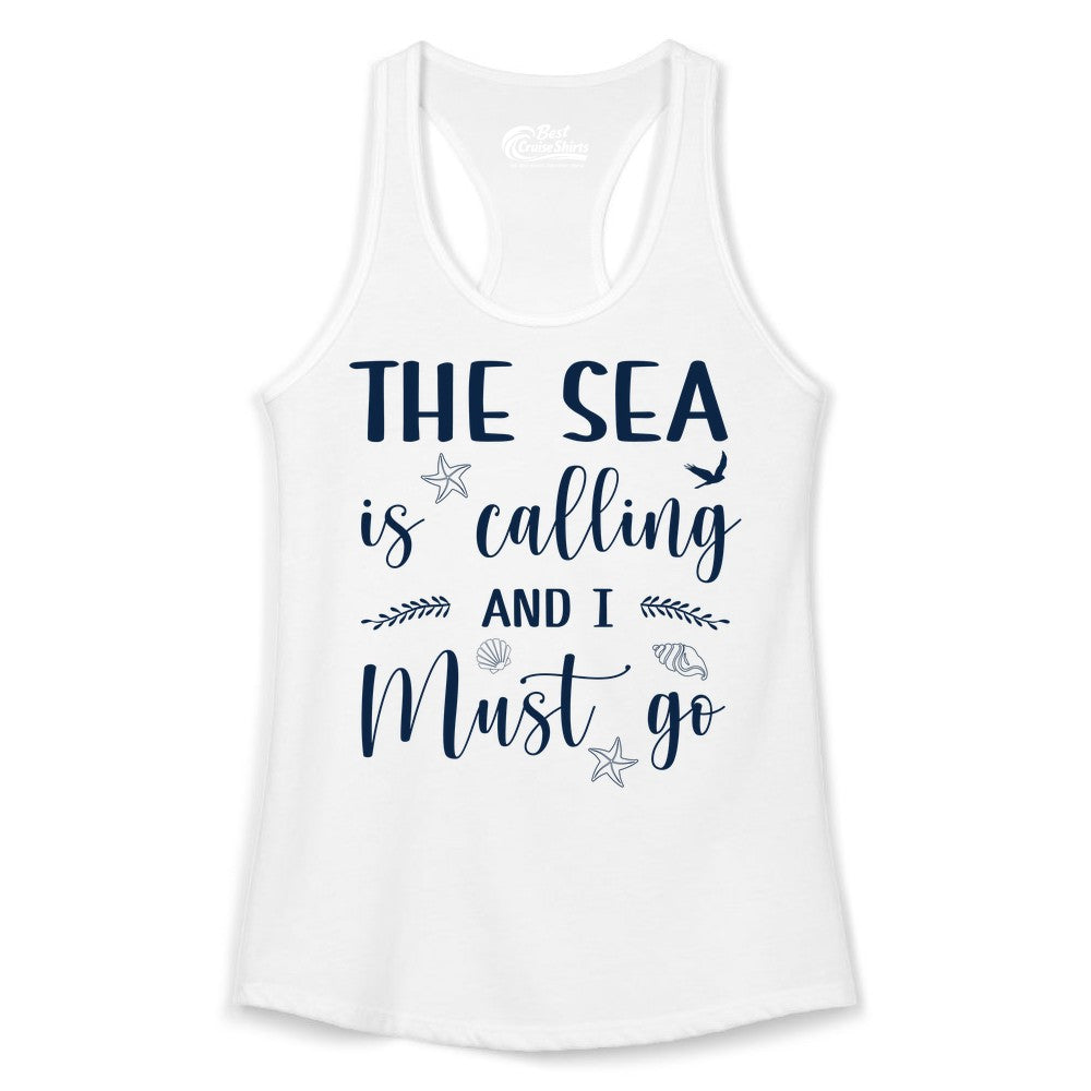 The Sea Is Calling Shirt - Ocean Lover Apparel Beach Vacation Tee (Ladies Tank) in White - The Sea Is Calling Shirt - Ocean Typography With Shells and Starfish