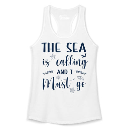 The Sea Is Calling Shirt - Ocean Lover Apparel Beach Vacation Tee (Ladies Tank) in White - The Sea Is Calling Shirt - Ocean Typography With Shells and Starfish