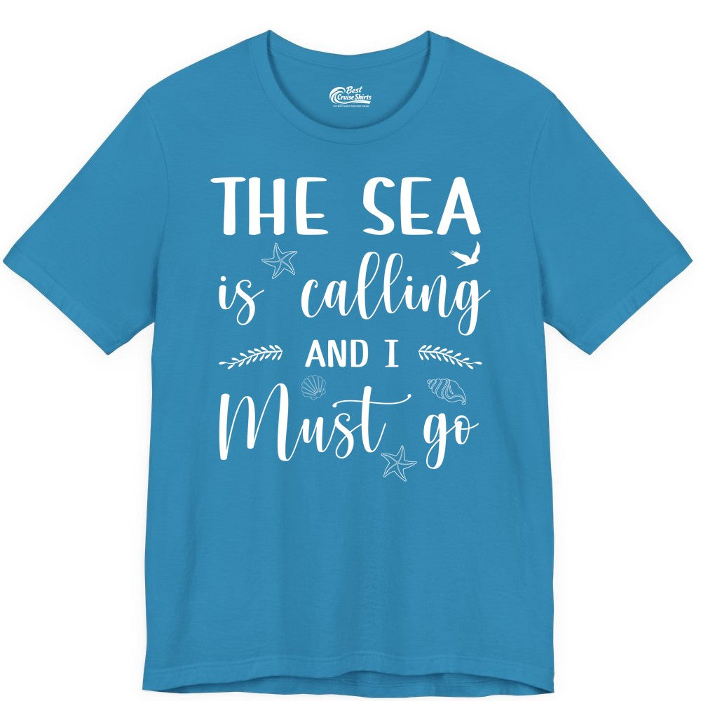 The Sea Is Calling Shirt - Ocean Lover Apparel Beach Vacation Tee (Premium Tee) in Aqua - The Sea Is Calling Shirt - Ocean Typography With Shells and Starfish