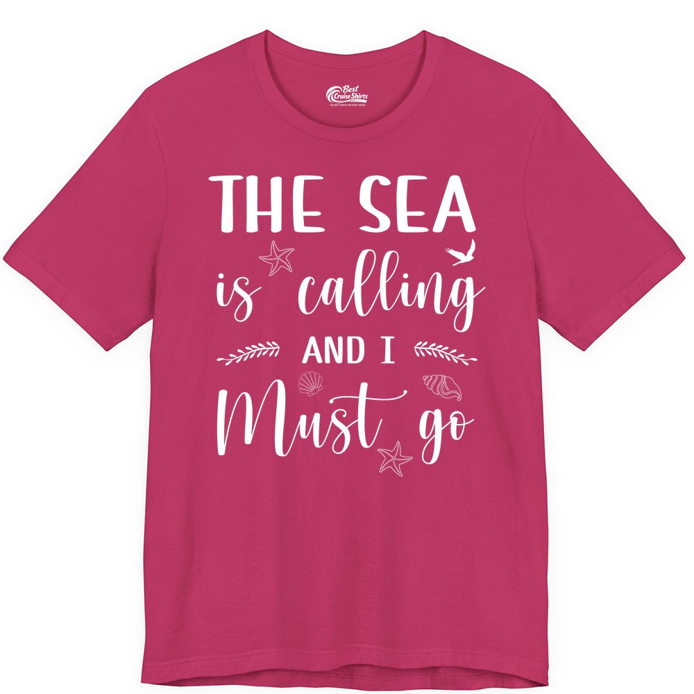 The Sea Is Calling Shirt - Ocean Lover Apparel Beach Vacation Tee (Premium Tee) in Berry - The Sea Is Calling Shirt - Ocean Typography With Shells and Starfish