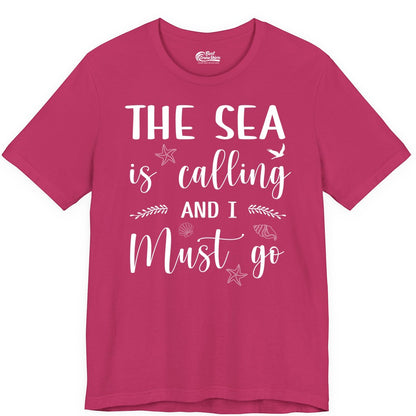 The Sea Is Calling Shirt - Ocean Lover Apparel Beach Vacation Tee (Premium Tee) in Berry - The Sea Is Calling Shirt - Ocean Typography With Shells and Starfish