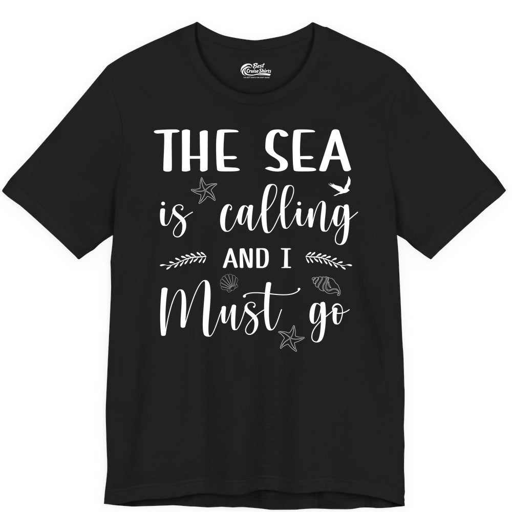 The Sea Is Calling Shirt - Ocean Lover Apparel Beach Vacation Tee (Premium Tee) in Black - The Sea Is Calling Shirt - Ocean Typography With Shells and Starfish