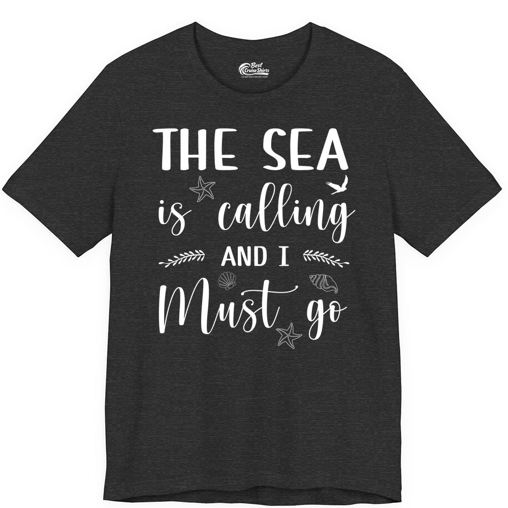 The Sea Is Calling Shirt - Ocean Lover Apparel Beach Vacation Tee (Premium Tee) in Dark Grey Heather - The Sea Is Calling Shirt - Ocean Typography With Shells and Starfish
