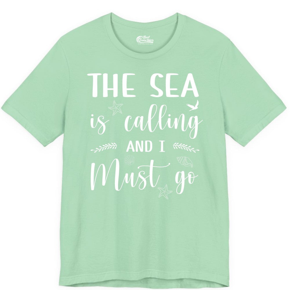 The Sea Is Calling Shirt - Ocean Lover Apparel Beach Vacation Tee (Premium Tee) in Mint - The Sea Is Calling Shirt - Ocean Typography With Shells and Starfish