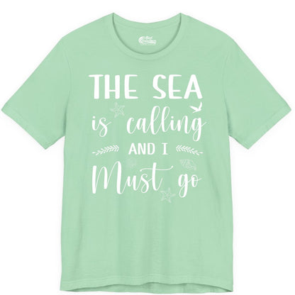 The Sea Is Calling Shirt - Ocean Lover Apparel Beach Vacation Tee (Premium Tee) in Mint - The Sea Is Calling Shirt - Ocean Typography With Shells and Starfish