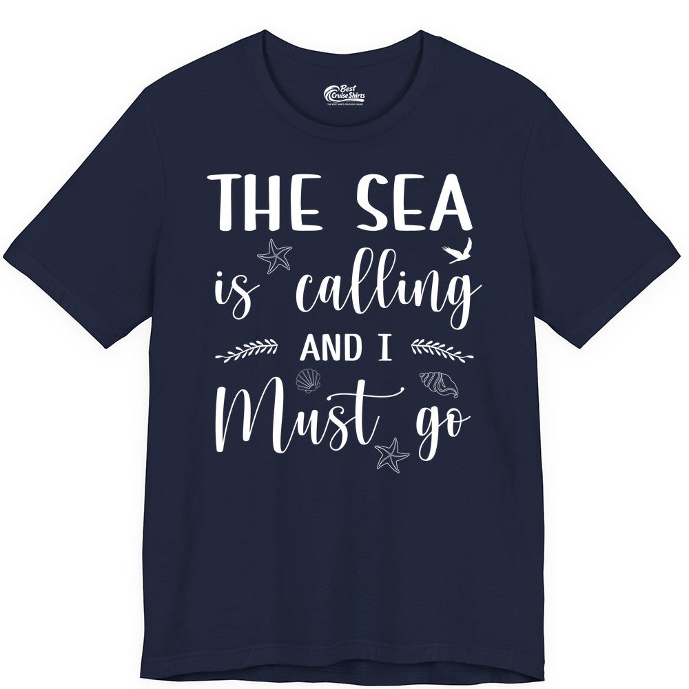 The Sea Is Calling Shirt - Ocean Lover Apparel Beach Vacation Tee (Premium Tee) in Navy - The Sea Is Calling Shirt - Ocean Typography With Shells and Starfish