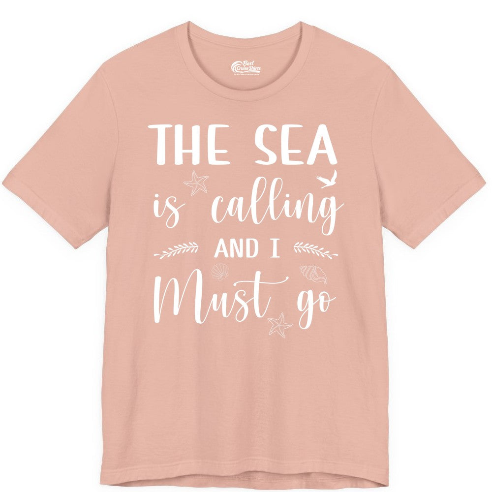 The Sea Is Calling Shirt - Ocean Lover Apparel Beach Vacation Tee (Premium Tee) in Peach - The Sea Is Calling Shirt - Ocean Typography With Shells and Starfish