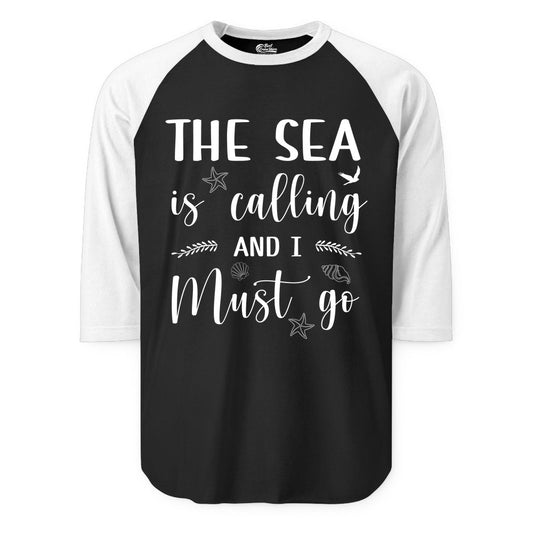 The Sea Is Calling Shirt - Ocean Lover Apparel Beach Vacation Tee (Raglan) in BlackWhite - The Sea Is Calling Shirt - Ocean Typography With Shells and Starfish