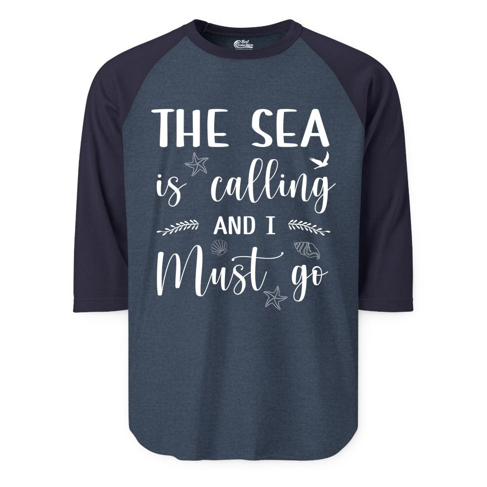 The Sea Is Calling Shirt - Ocean Lover Apparel Beach Vacation Tee (Raglan) in Heather DenimNavy - The Sea Is Calling Shirt - Ocean Typography With Shells and Starfish