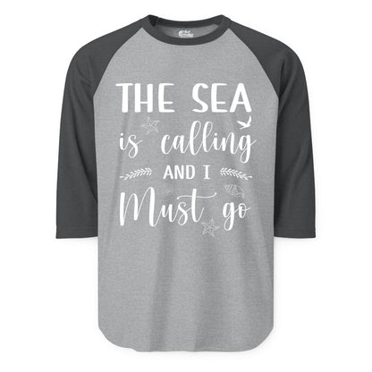 The Sea Is Calling Shirt - Ocean Lover Apparel Beach Vacation Tee (Raglan) in Heather GreyHeather Charcoal - The Sea Is Calling Shirt - Ocean Typography With Shells and Starfish
