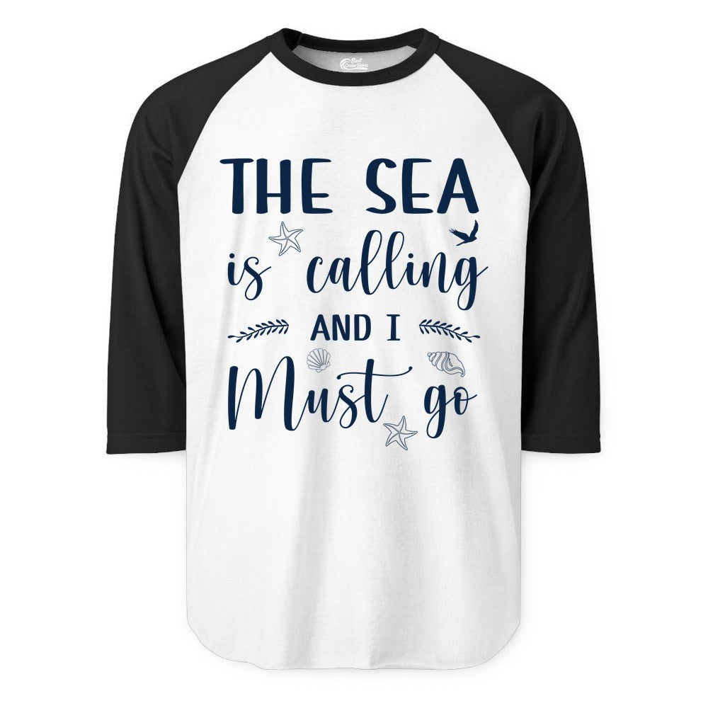 The Sea Is Calling Shirt - Ocean Lover Apparel Beach Vacation Tee (Raglan) in WhiteBlack - The Sea Is Calling Shirt - Ocean Typography With Shells and Starfish