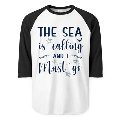 The Sea Is Calling Shirt - Ocean Lover Apparel Beach Vacation Tee (Raglan) in WhiteBlack - The Sea Is Calling Shirt - Ocean Typography With Shells and Starfish