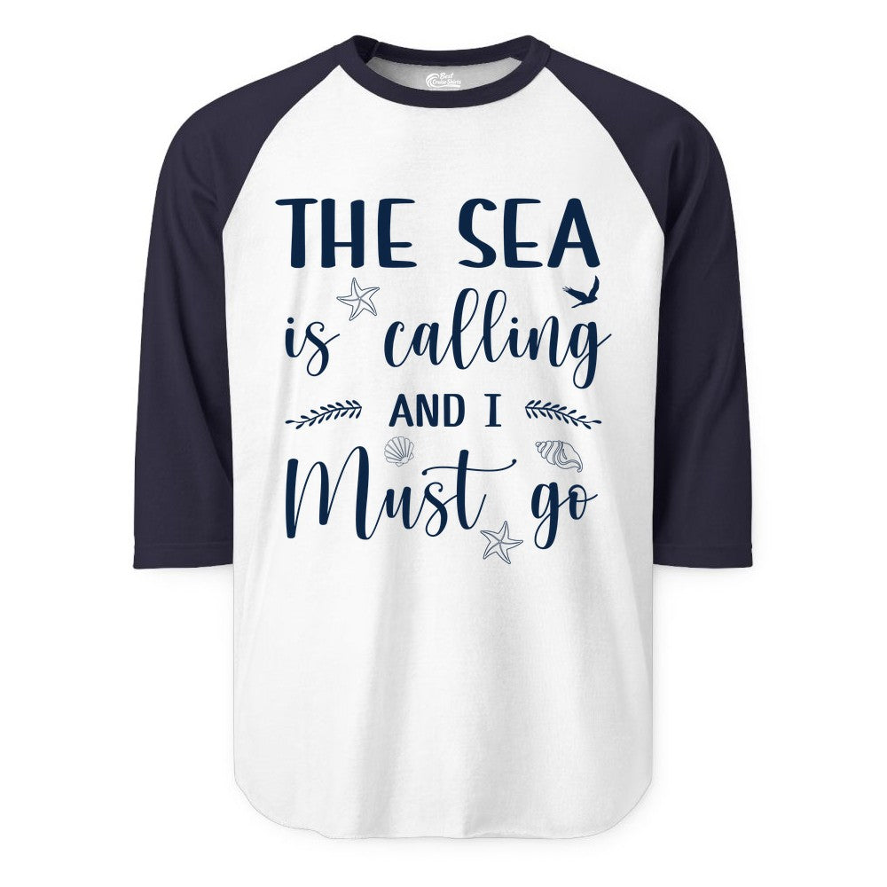 The Sea Is Calling Shirt - Ocean Lover Apparel Beach Vacation Tee (Raglan) in WhiteNavy - The Sea Is Calling Shirt - Ocean Typography With Shells and Starfish
