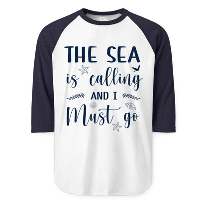 The Sea Is Calling Shirt - Ocean Lover Apparel Beach Vacation Tee (Raglan) in WhiteNavy - The Sea Is Calling Shirt - Ocean Typography With Shells and Starfish