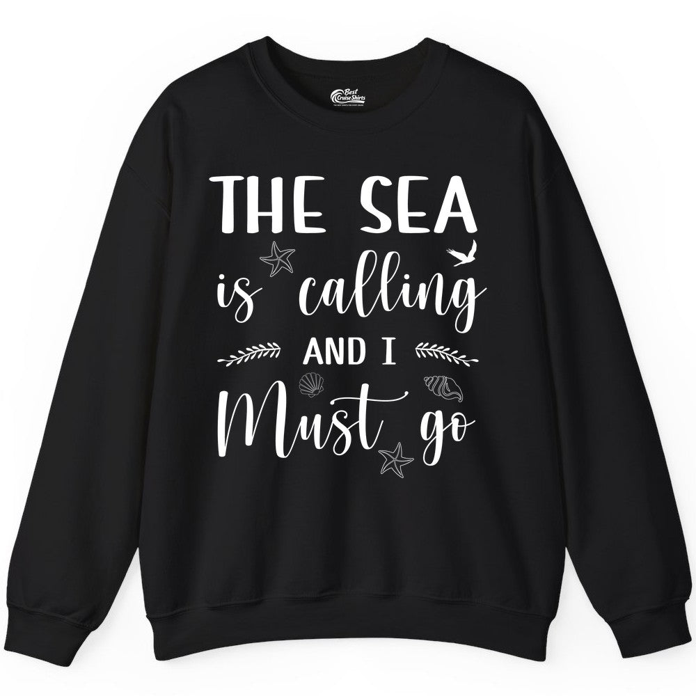 The Sea Is Calling Shirt - Ocean Lover Apparel Beach Vacation Tee (Sweatshirt) in Black - The Sea Is Calling Shirt - Ocean Typography With Shells and Starfish