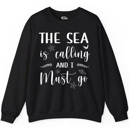 The Sea Is Calling Shirt - Ocean Lover Apparel Beach Vacation Tee (Sweatshirt) in Black - The Sea Is Calling Shirt - Ocean Typography With Shells and Starfish