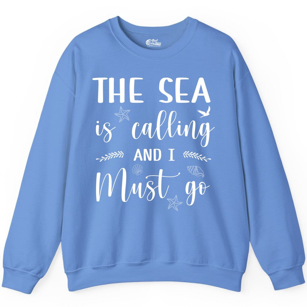 The Sea Is Calling Shirt - Ocean Lover Apparel Beach Vacation Tee (Sweatshirt) in Carolina Blue - The Sea Is Calling Shirt - Ocean Typography With Shells and Starfish