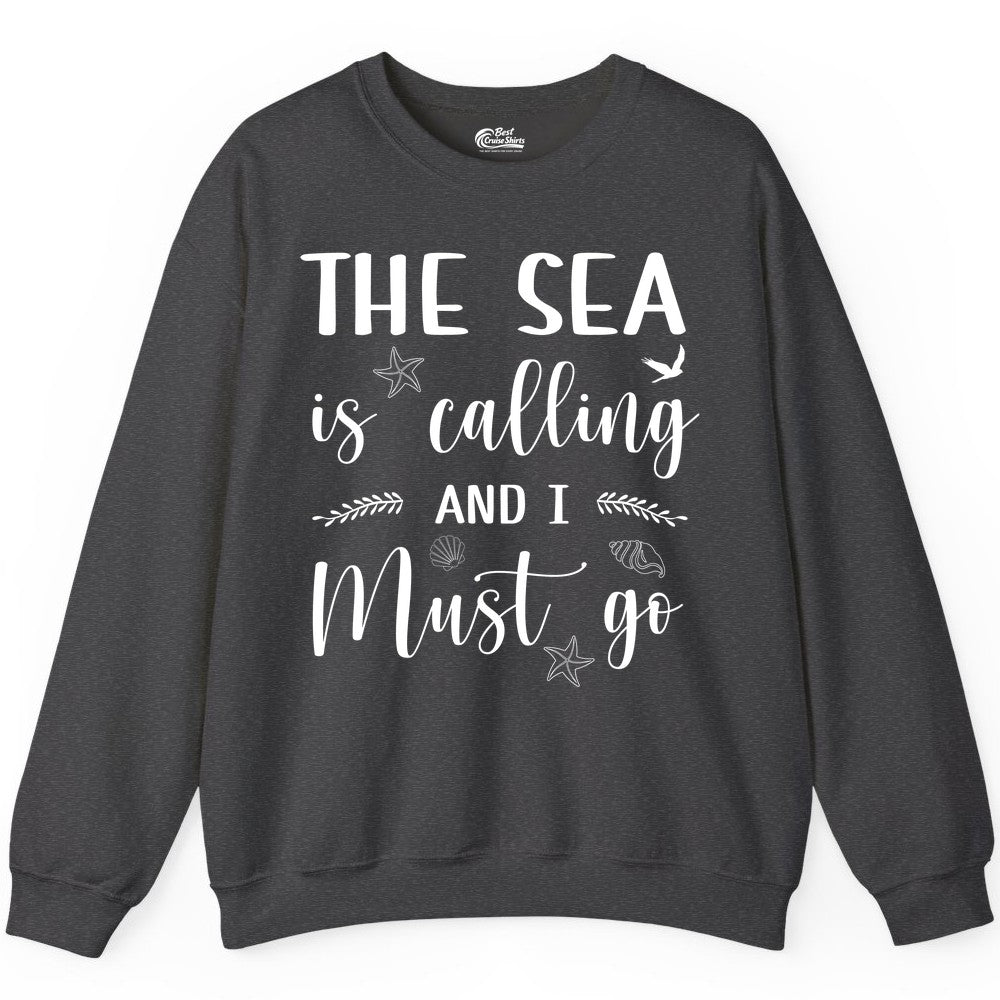 The Sea Is Calling Shirt - Ocean Lover Apparel Beach Vacation Tee (Sweatshirt) in Dark Heather - The Sea Is Calling Shirt - Ocean Typography With Shells and Starfish
