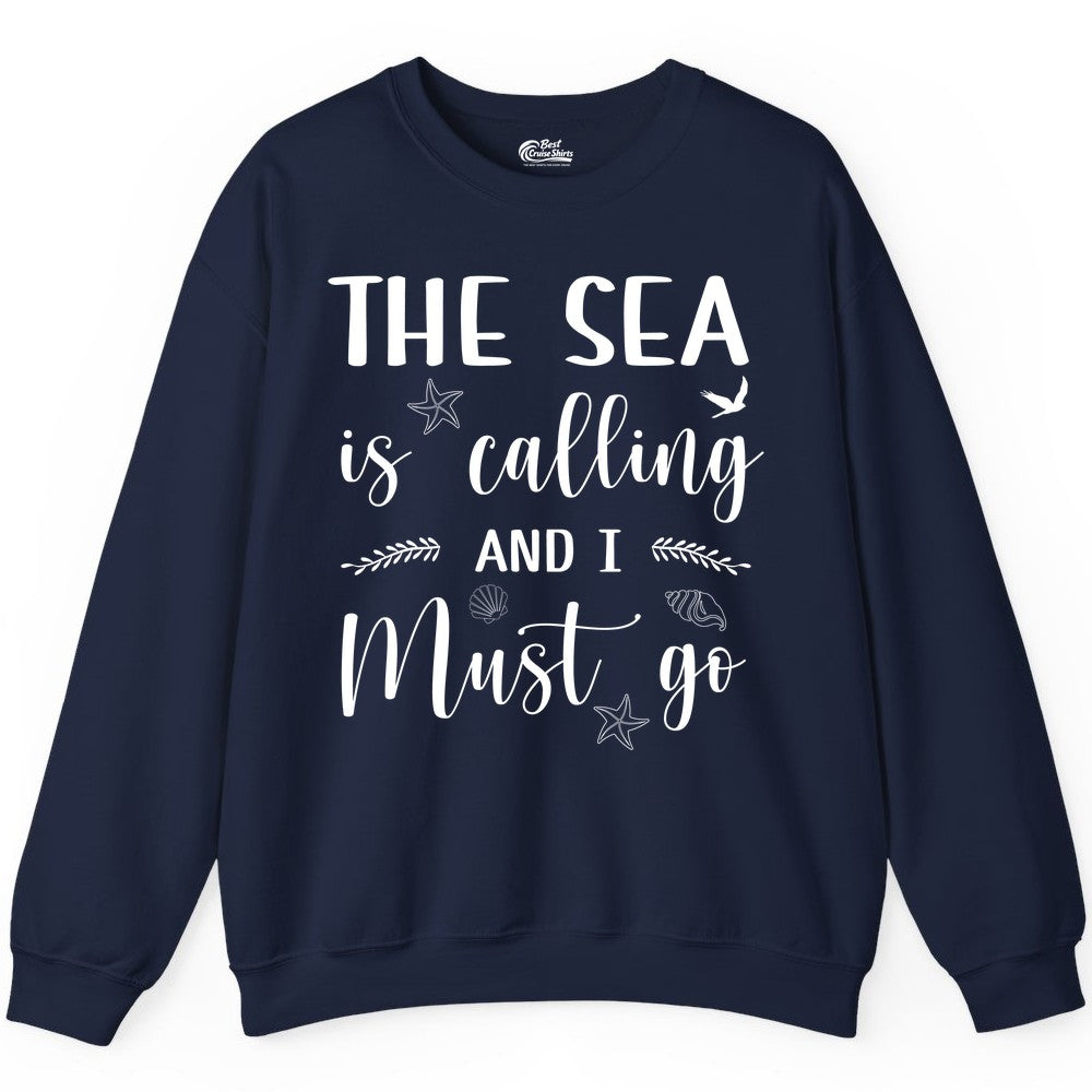The Sea Is Calling Shirt - Ocean Lover Apparel Beach Vacation Tee (Sweatshirt) in Navy - The Sea Is Calling Shirt - Ocean Typography With Shells and Starfish