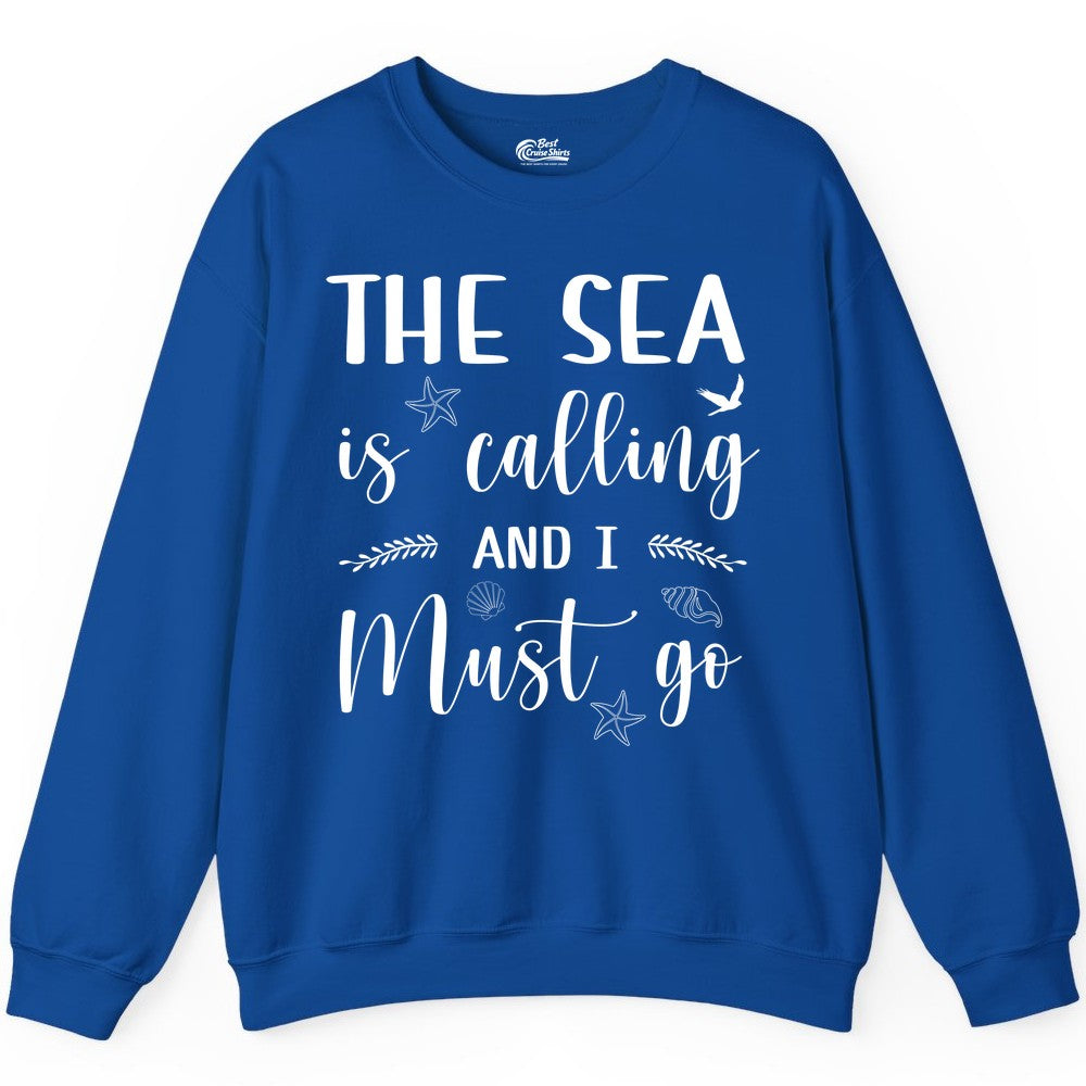 The Sea Is Calling Shirt - Ocean Lover Apparel Beach Vacation Tee (Sweatshirt) in Royal - The Sea Is Calling Shirt - Ocean Typography With Shells and Starfish