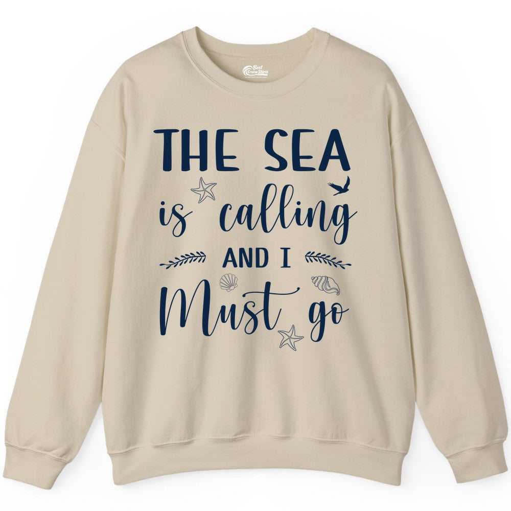 The Sea Is Calling Shirt - Ocean Lover Apparel Beach Vacation Tee (Sweatshirt) in Sand - The Sea Is Calling Shirt - Ocean Typography With Shells and Starfish