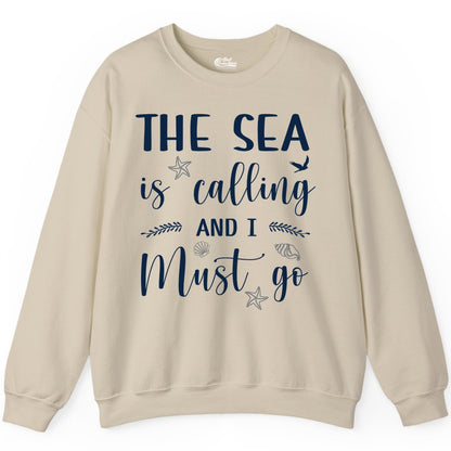 The Sea Is Calling Shirt - Ocean Lover Apparel Beach Vacation Tee (Sweatshirt) in Sand - The Sea Is Calling Shirt - Ocean Typography With Shells and Starfish