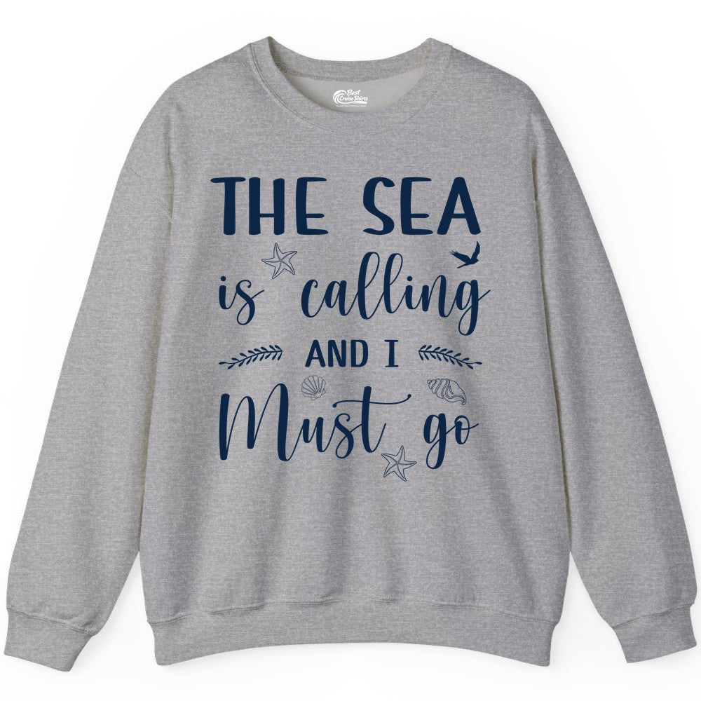 The Sea Is Calling Shirt - Ocean Lover Apparel Beach Vacation Tee (Sweatshirt) in Sport Grey - The Sea Is Calling Shirt - Ocean Typography With Shells and Starfish